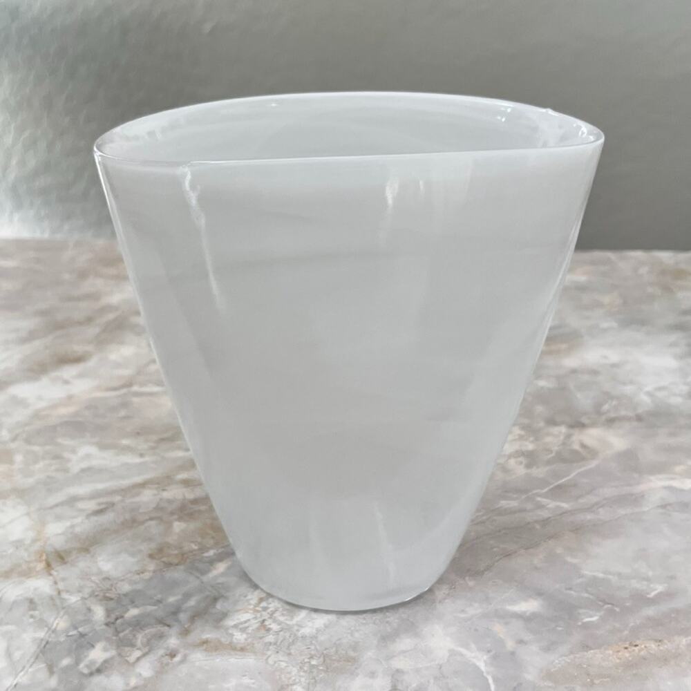 White Opulent Swirls Glass Art Oval Round Vase 7.25" Tall